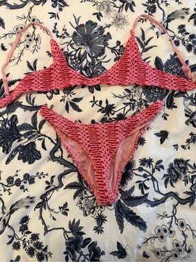 triangl swimwear Pink Crochet Triangle Bikini Set